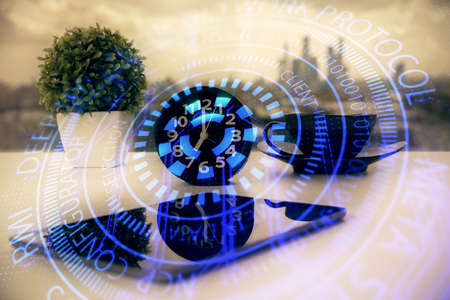Double exposure of data theme drawing and mobile phone background. Concept of innovation