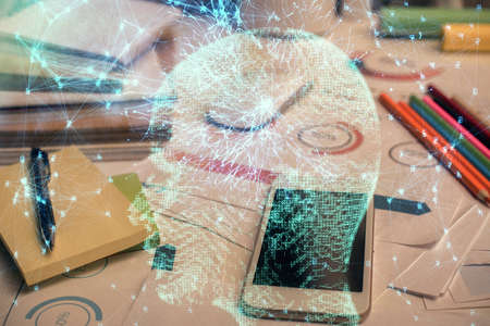 Double exposure of brain theme drawing and cell phone background. Concept of information