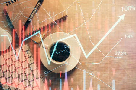 Multi exposure of forex chart drawing and work table top veiw. Concept of financial analysis.の写真素材