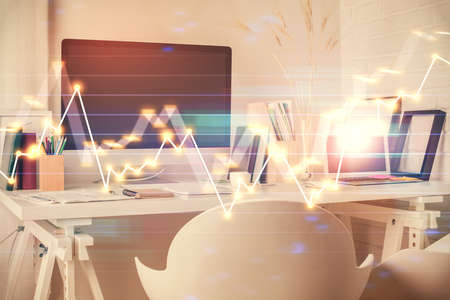 Double exposure of financial graph drawing and office interior background. Concept of stock market.