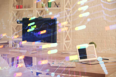 Multi exposure of data theme drawing and office interior background. Concept of technology.の写真素材