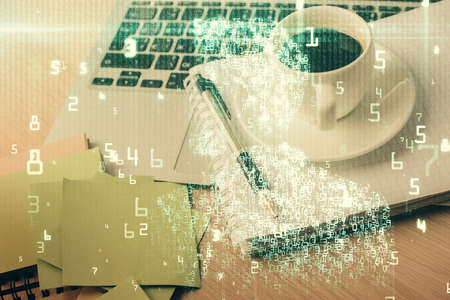 Multi exposure of technology theme drawing and desktop with coffee and items on table background....