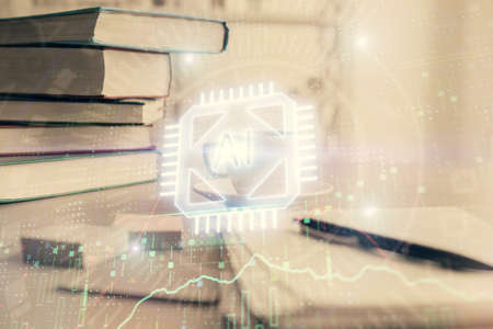 Double exposure of technology theme drawing and desktop with coffee and items on table background....