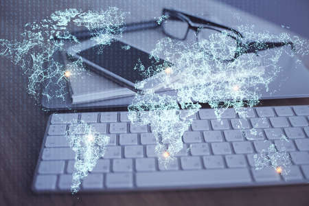 Double exposure of social network theme drawing and cell phone background. Concept of people...