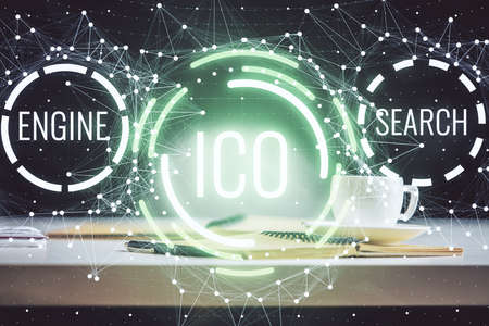 Double exposure of crypto technology drawing and desktop with coffee and items on table background....