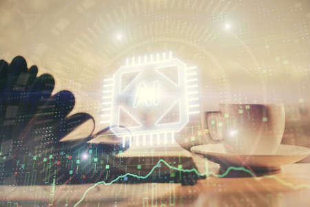 Double exposure of technology theme drawing and desktop with coffee and items on table background....