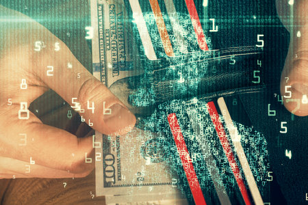 Double exposure of technology drawing hologram and us dollars bills and man hands. Data concept