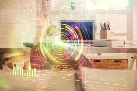 Double exposure of data theme drawing and office interior background. Concept of technology.