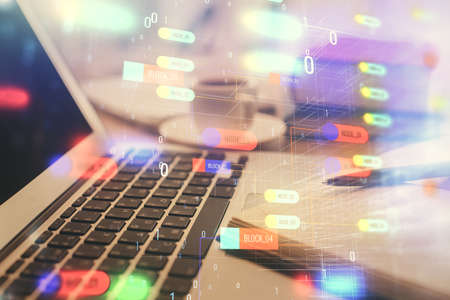 Double exposure of technology theme drawing and desktop with coffee and items on table background....