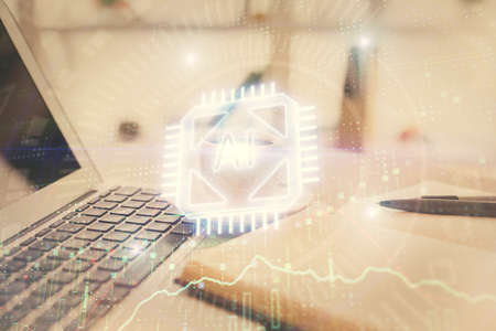 Double exposure of technology theme drawing and desktop with coffee and items on table background....