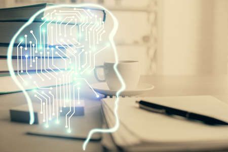 Double exposure of brain drawing and desktop with coffee and items on table background. Concept of...