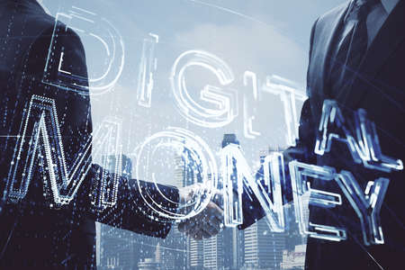 Double exposure of blockchain hologram and handshake of two men. Crypto business concept.の写真素材