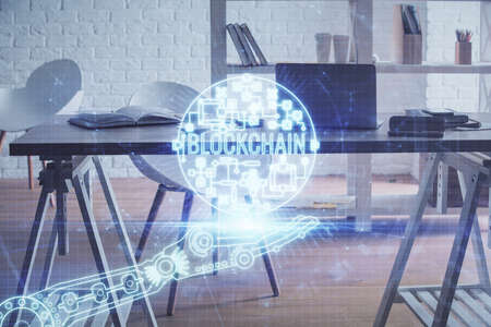 Double exposure of crypto technology theme drawing and office interior background. Concept of...