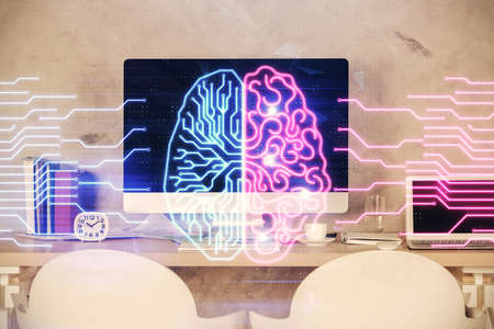 Multi exposure of brain drawing and office interior background. Concept of data technology.