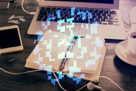 Multi exposure of data theme drawings and desk with open notebook background. Concept of educationの写真素材