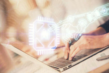 Double exposure of woman hands working on computer and data theme hologram drawing. Tech concept.