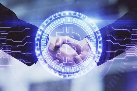 Double exposure of blockchain hologram and handshake of two men. Crypto business concept.