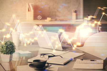 Double exposure of stock market graph drawing and office interior background. Concept of financial...
