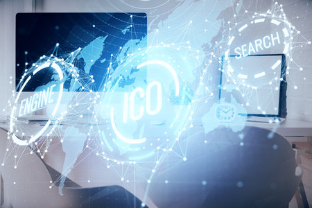 Double exposure of crypto technology theme drawing and office interior background. Concept of blockchain.の写真素材