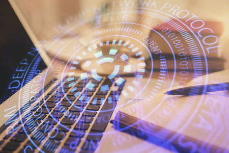 Double exposure of technology theme drawing and desktop with coffee and items on table background....