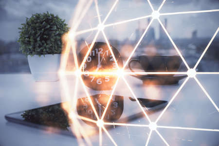 Double exposure of social network theme drawing and cell phone background. Concept of people connection over the worldの写真素材