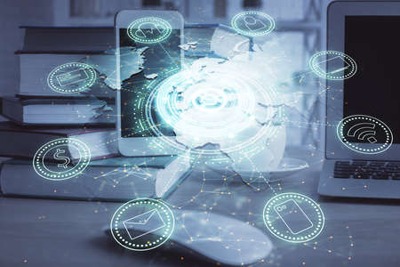 Double exposure of social network theme drawing and cell phone background. Concept of people...
