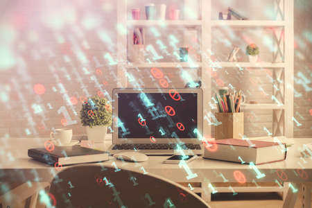 Double exposure of data theme drawing and office interior background. Concept of technology.の写真素材