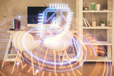 Multi exposure of data theme drawing and office interior background. Concept of technology.の写真素材