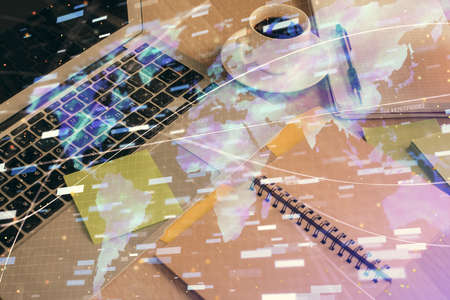 Multi exposure of technology theme drawing and desktop with coffee and items on table background....