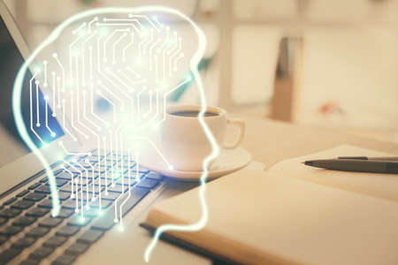 Double exposure of brain drawing and desktop with coffee and items on table background. Concept of research.の写真素材