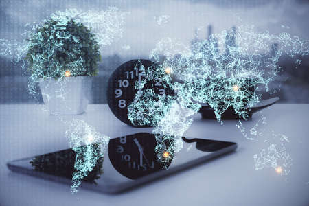 Double exposure of social network theme drawing and cell phone background. Concept of people connection over the worldの写真素材