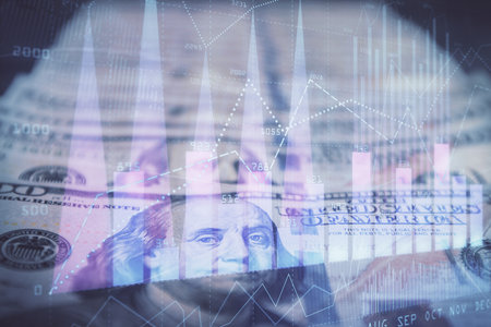 Double exposure of forex graph drawing over us dollars bill background. Concept of financial markets.の写真素材