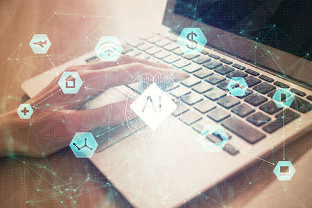 Double exposure of woman hands working on computer and data theme hologram drawing. Tech concept.