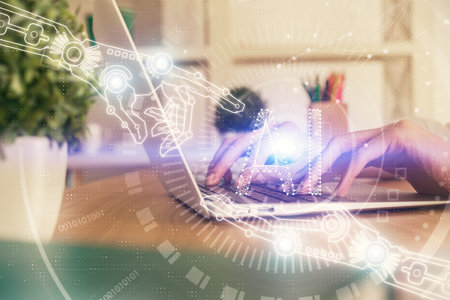 Double exposure of woman hands working on computer and data theme hologram drawing. Tech concept.