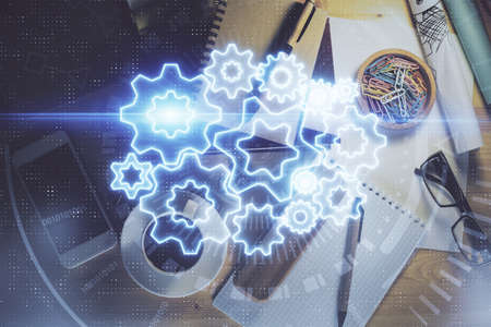 Multi exposure of business theme drawing and work table top veiw. Concept of international finance.