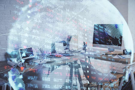 Double exposure of business theme drawing and office interior background. Concept of successの写真素材