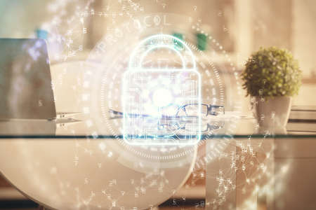 Multi exposure of lock drawing and office interior background. Concept of data security.