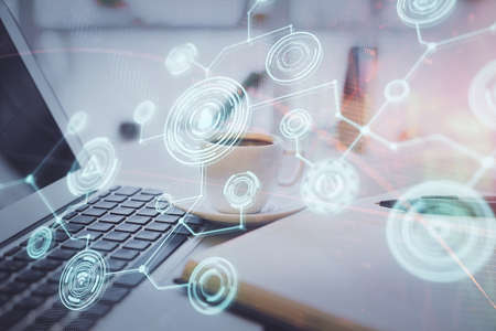 Double exposure of social network drawing and desktop with coffee and items on table background....