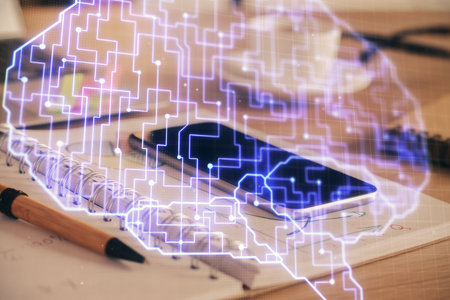 Double exposure of brain theme drawing and cell phone background. Concept of informationの写真素材