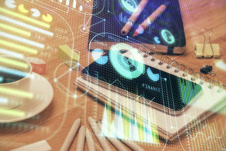 Double exposure of data theme drawing and mobile phone background. Concept of innovation