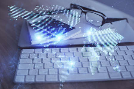Double exposure of social network theme drawing and cell phone background. Concept of people...