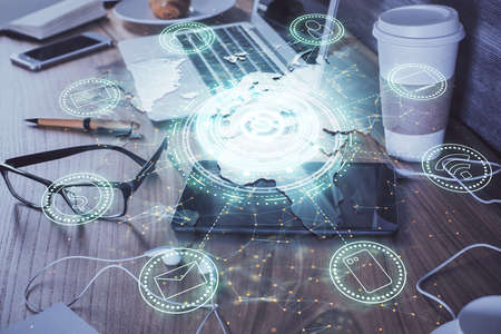 Double exposure of social network theme drawing and cell phone background. Concept of people...