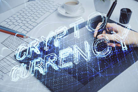 Double exposure of blockchain business sketch hologram and woman holding and using a mobile device.の写真素材