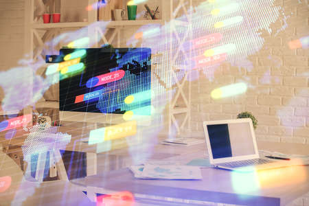 Multi exposure of data theme drawing and office interior background. Concept of technology.の写真素材