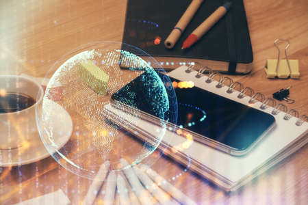 Double exposure of map drawing and cell phone background. Concept of data globalizationの写真素材