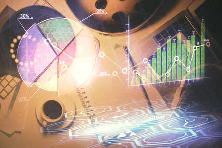 Multi exposure of forex chart drawing and work table top veiw. Concept of financial analysis.の写真素材
