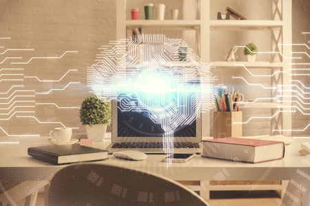 Double exposure of brain drawing and office interior background. Concept of data technology.の写真素材