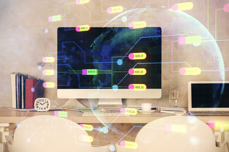 Multi exposure of data theme drawing and office interior background. Concept of technology.の写真素材