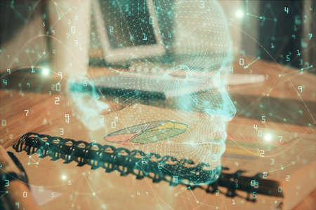 Multi exposure of brain drawings and desk with open notebook background. Concept of AIの写真素材