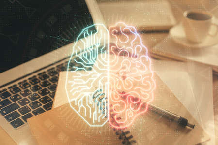 Double exposure of brain drawing and desktop with coffee and items on table background. Concept of...
